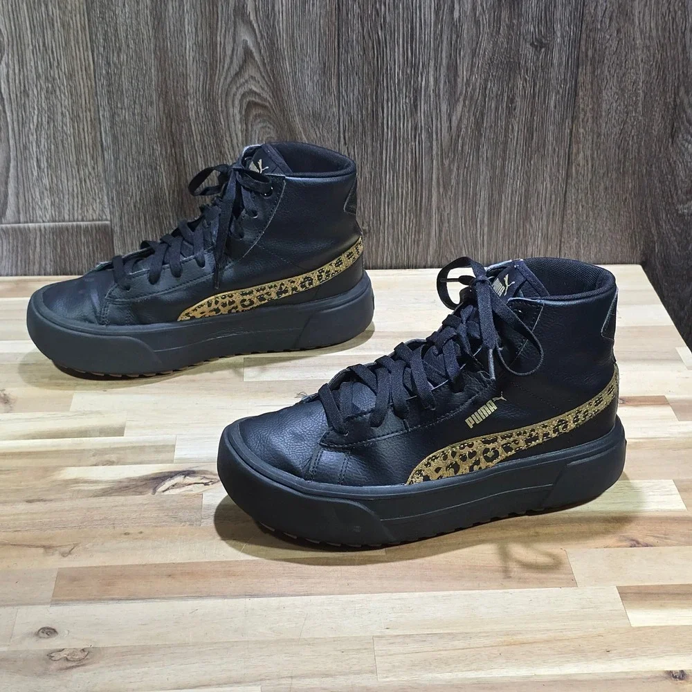 Puma Women's Carina Street Mid Leopard Sneakers Size 8‎ Black Gold